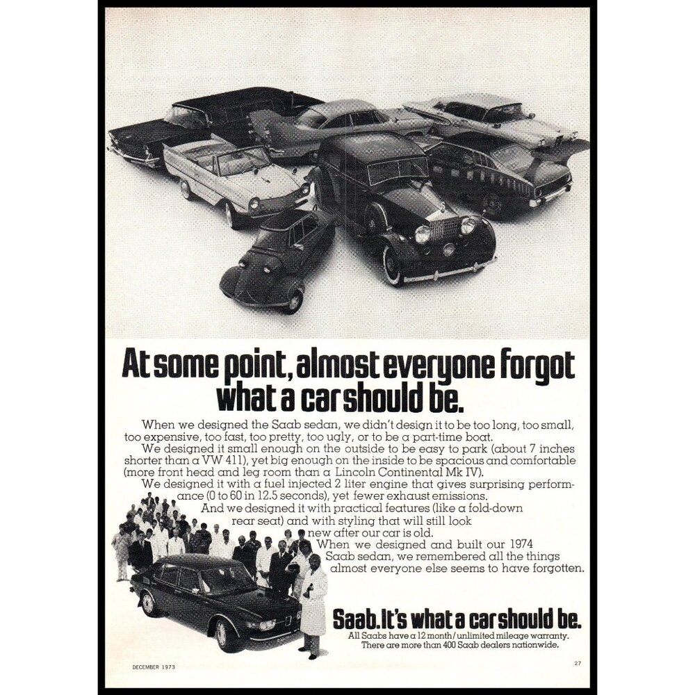 1974 Saab 99 4 Door Sedan Vintage Print Ad Man Cave Sweden Import Wall Art